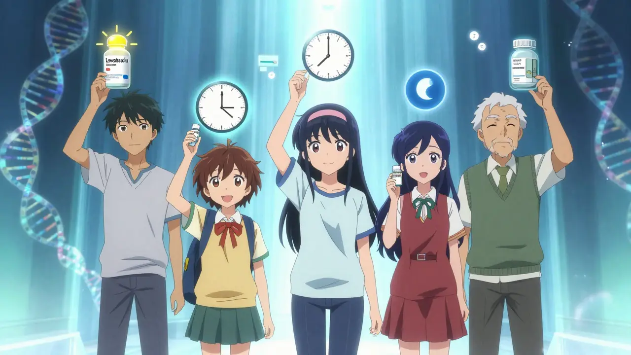 People hold different meds with glowing timing symbols, representing personalized medication routines.