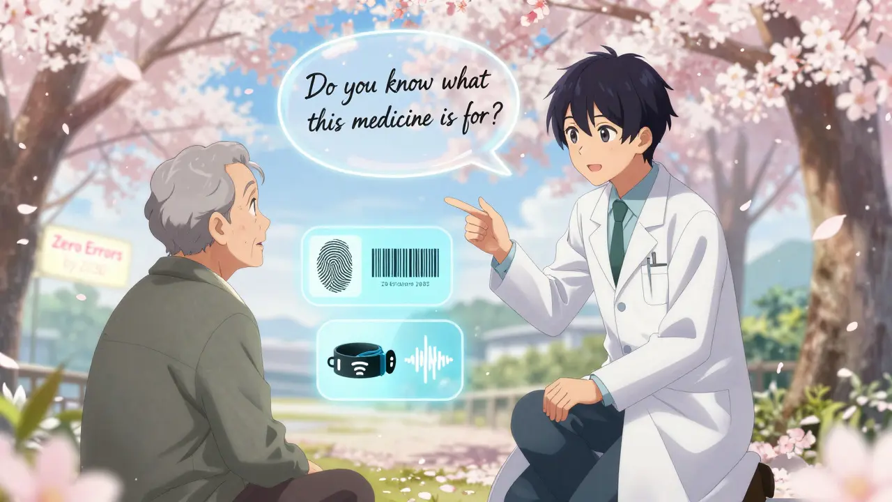 Pharmacist asks patient about their medication as safety icons float around them in soft light.