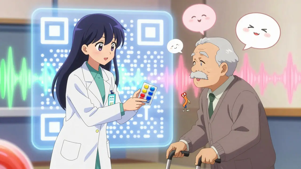 Pharmacist giving a senior a blister pack with color-coded bands, QR code emitting audio waves in the background.