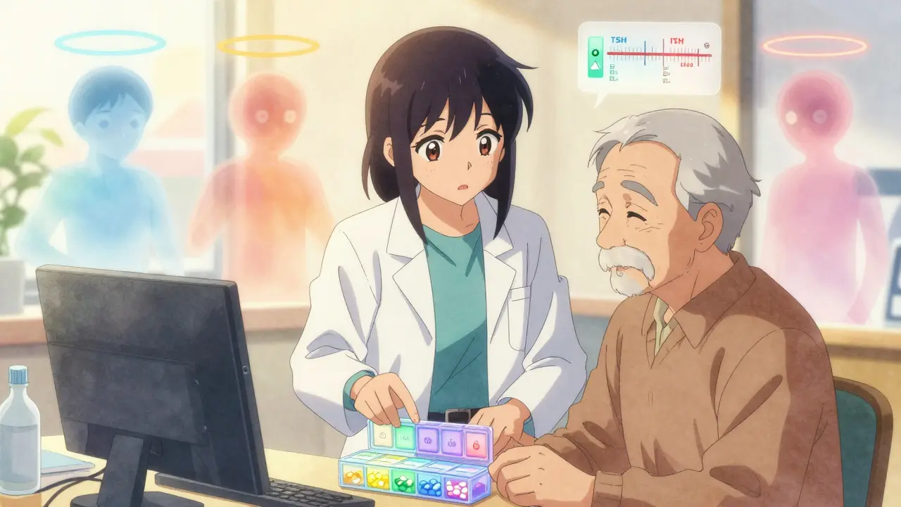 Pharmacist helping senior organize pills with floating medical symbols and glowing compartments.