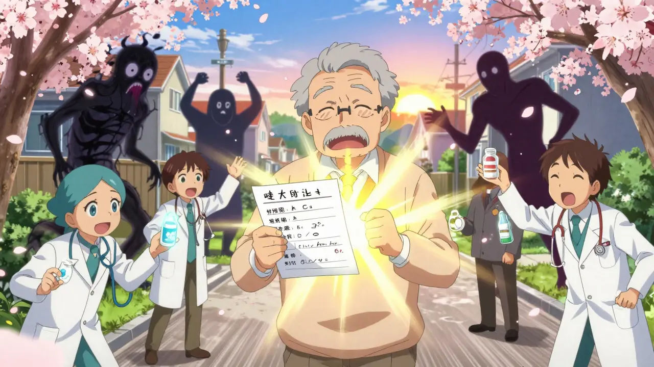 Senior holding medication list as light dispels fear, with doctors and pharmacists offering support.