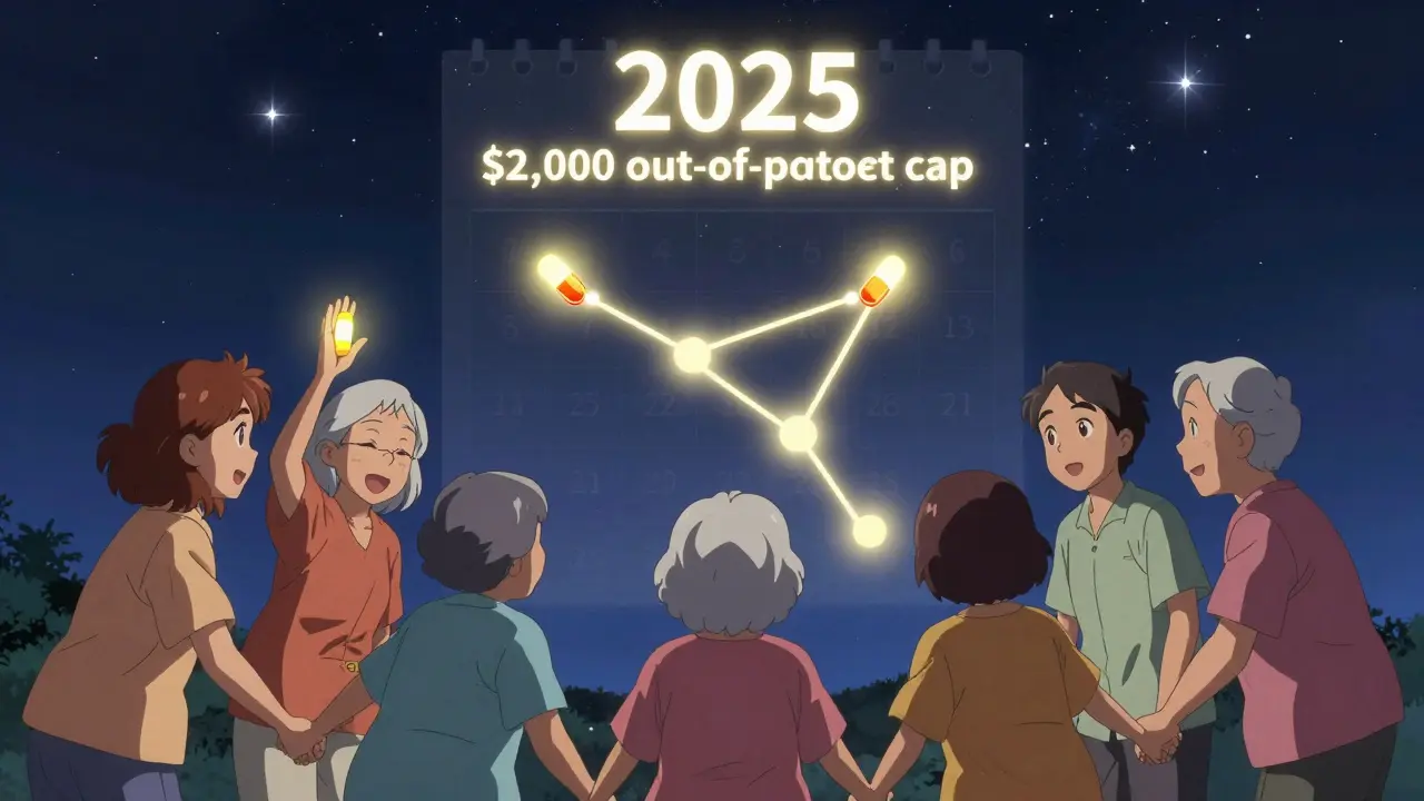 Seniors hold glowing generic pills that form a Medicare logo constellation under a starry night sky.