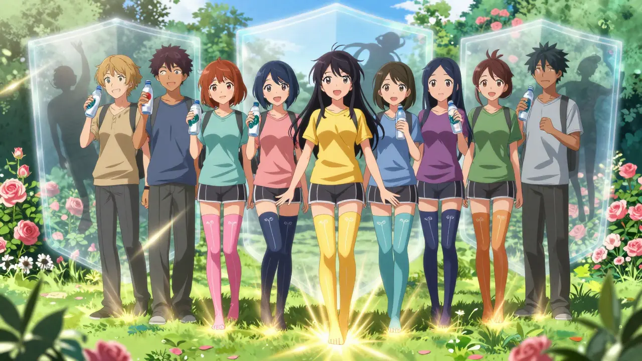 Seniors standing safely in a garden wearing compression stockings and holding water bottles, bathed in healing light.