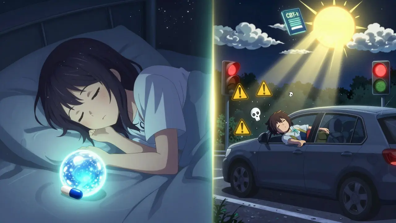 Split scene: peaceful sleep with slow-release melatonin vs. a collapsed driver surrounded by danger symbols, sunbeam offering hope.
