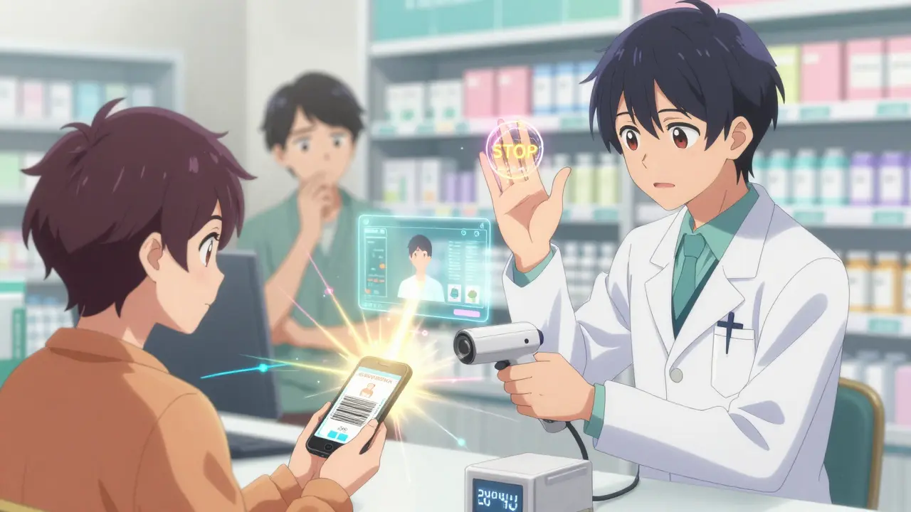 Technician scans barcode that emits golden light, connecting to a patient's holographic profile.