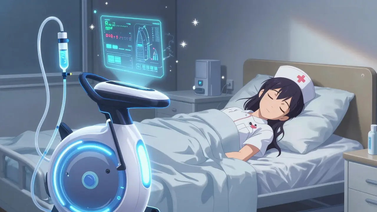 Young woman sleeping peacefully as a glowing automated dialysis machine operates quietly beside her bed.