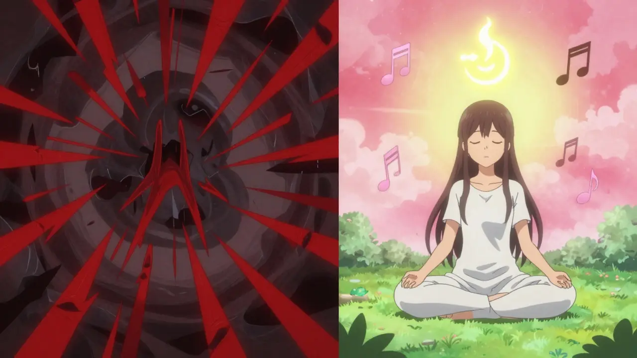 A calm oasis of pink and green sound waves contrasts with a chaotic storm of tinnitus, as a breathing symbol hovers above a meditating figure.