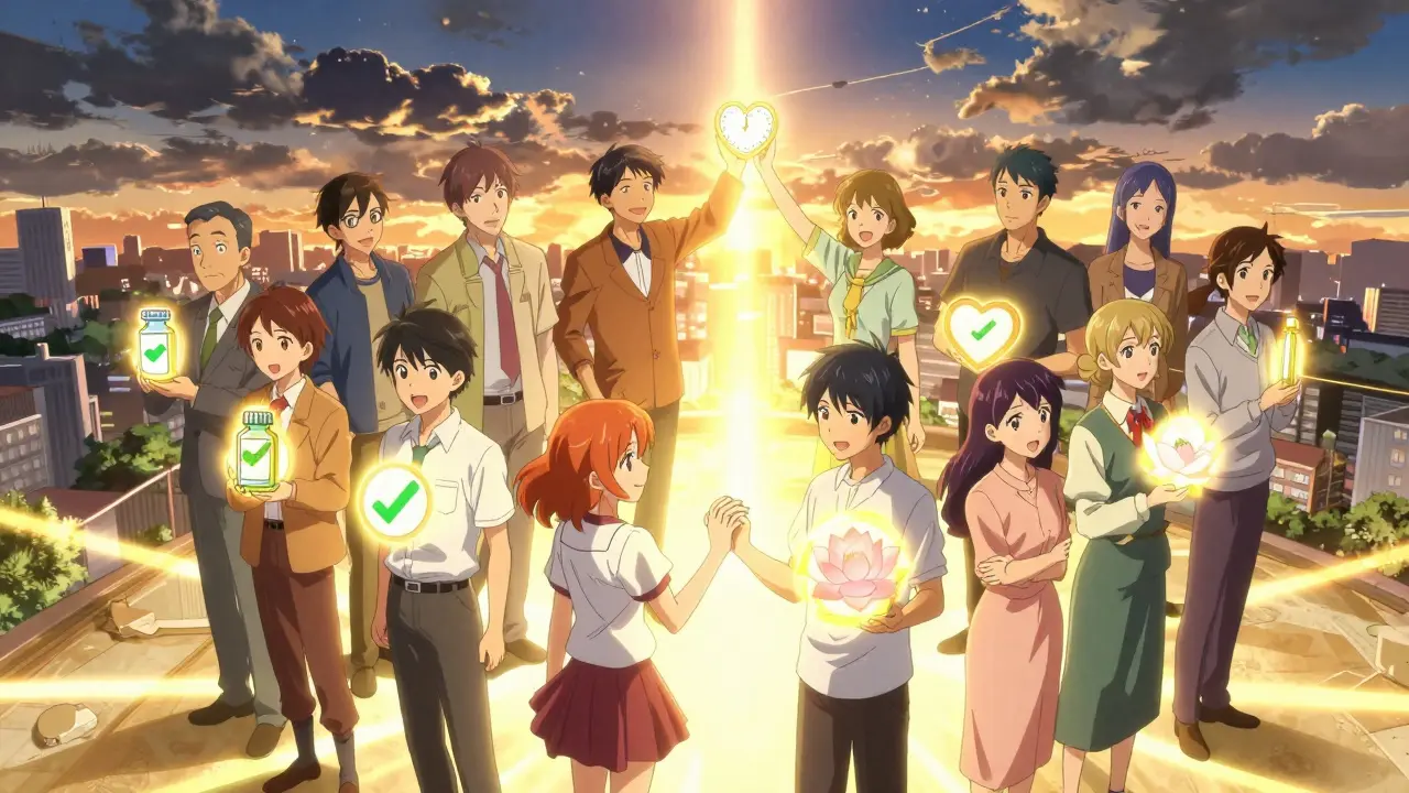 A diverse group of people standing in a circle of light, each holding symbols representing solutions to medication side effects.