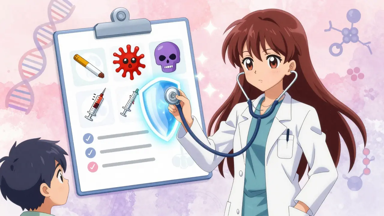 A doctor using a stethoscope shield to block risks like smoking, blood clots, and live vaccines.