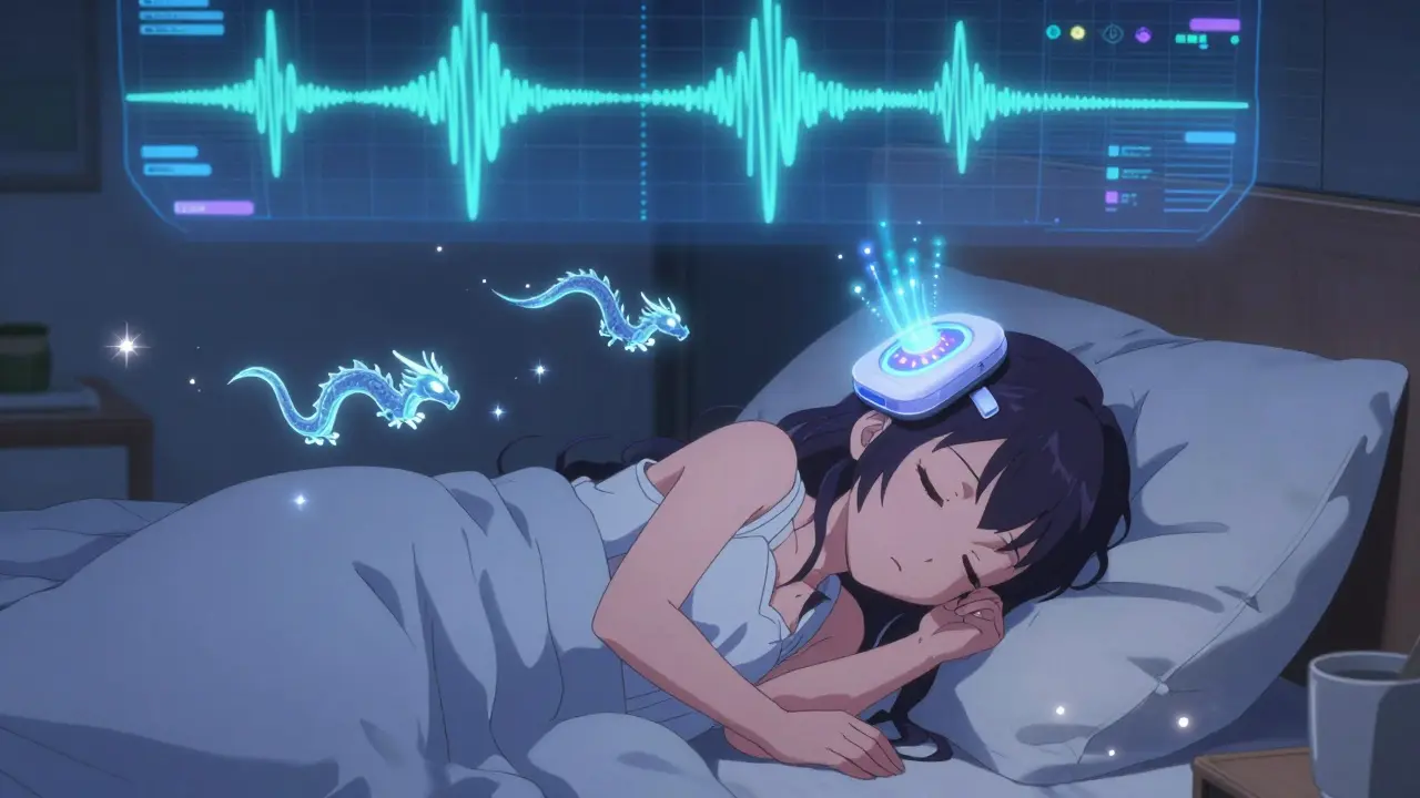 A girl sleeps as holographic brainwaves and gentle sound dragons adjust her sleep environment, representing AI-powered tinnitus therapy.
