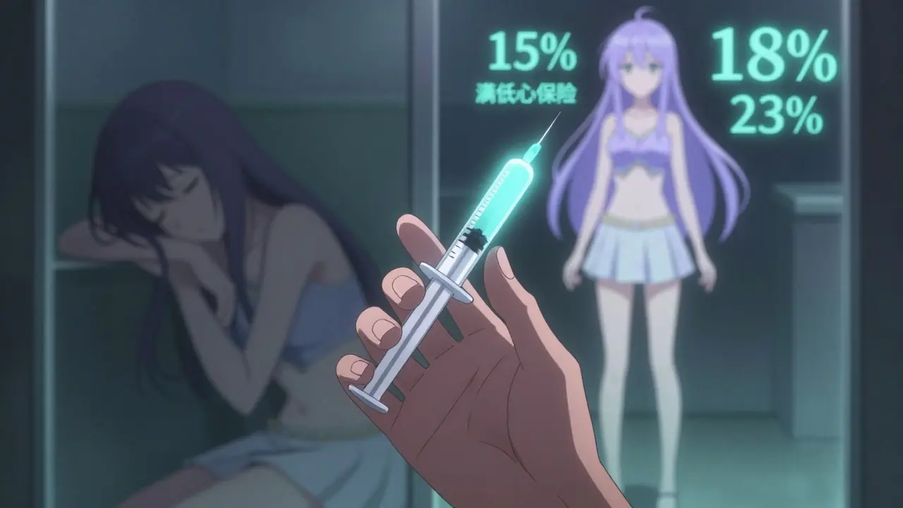 A glowing syringe with before-and-after reflection showing weight loss and health benefits.