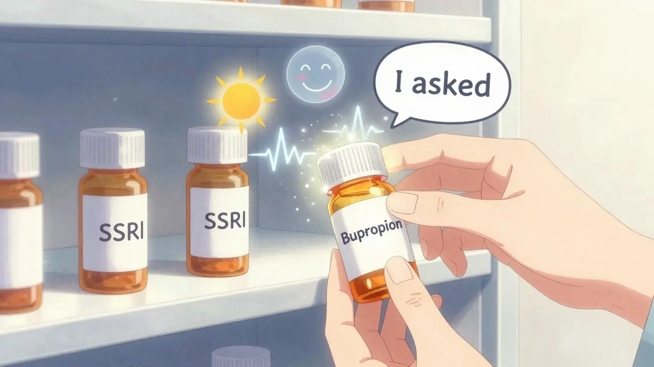 A hand replacing an SSRI pill bottle with Bupropion, surrounded by glowing icons of hope and empowerment.