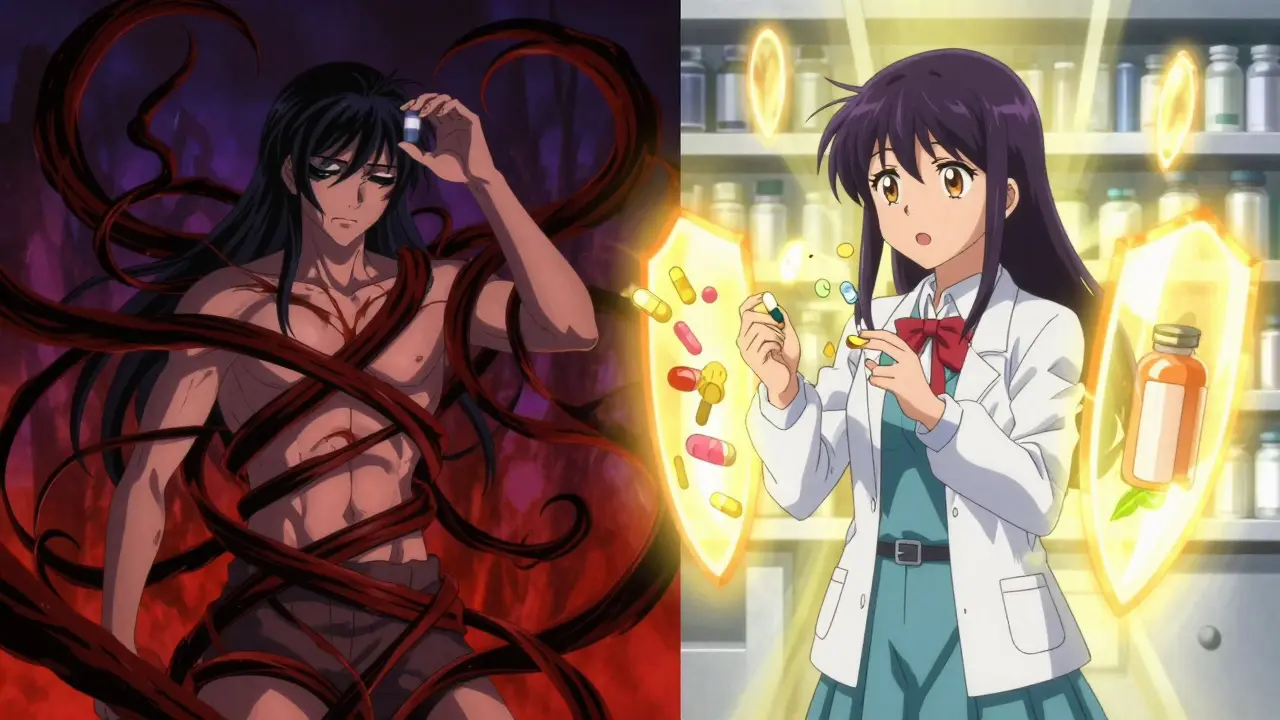 A person is shown with dark shadows from dangerous supplement combos on one side, and light protection on the other.