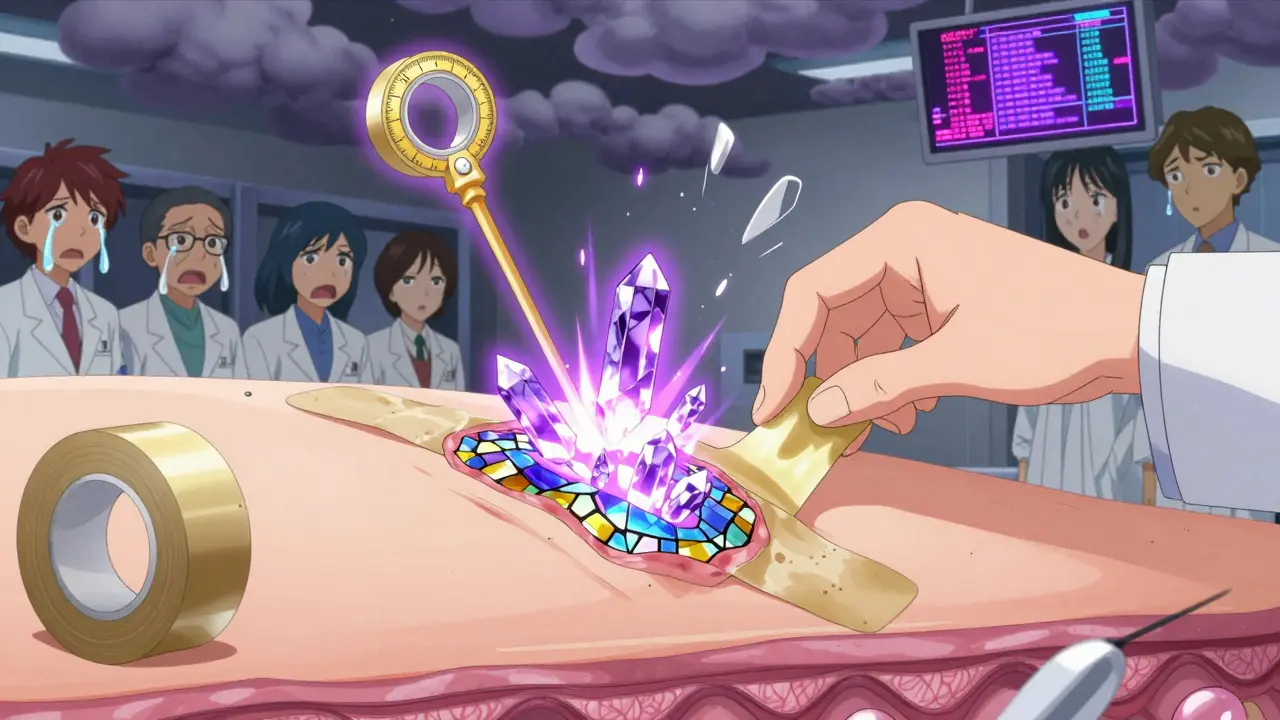 A scientist peels skin tape layers revealing hidden drug crystals, with shimmering energy indicating measurement inconsistency.