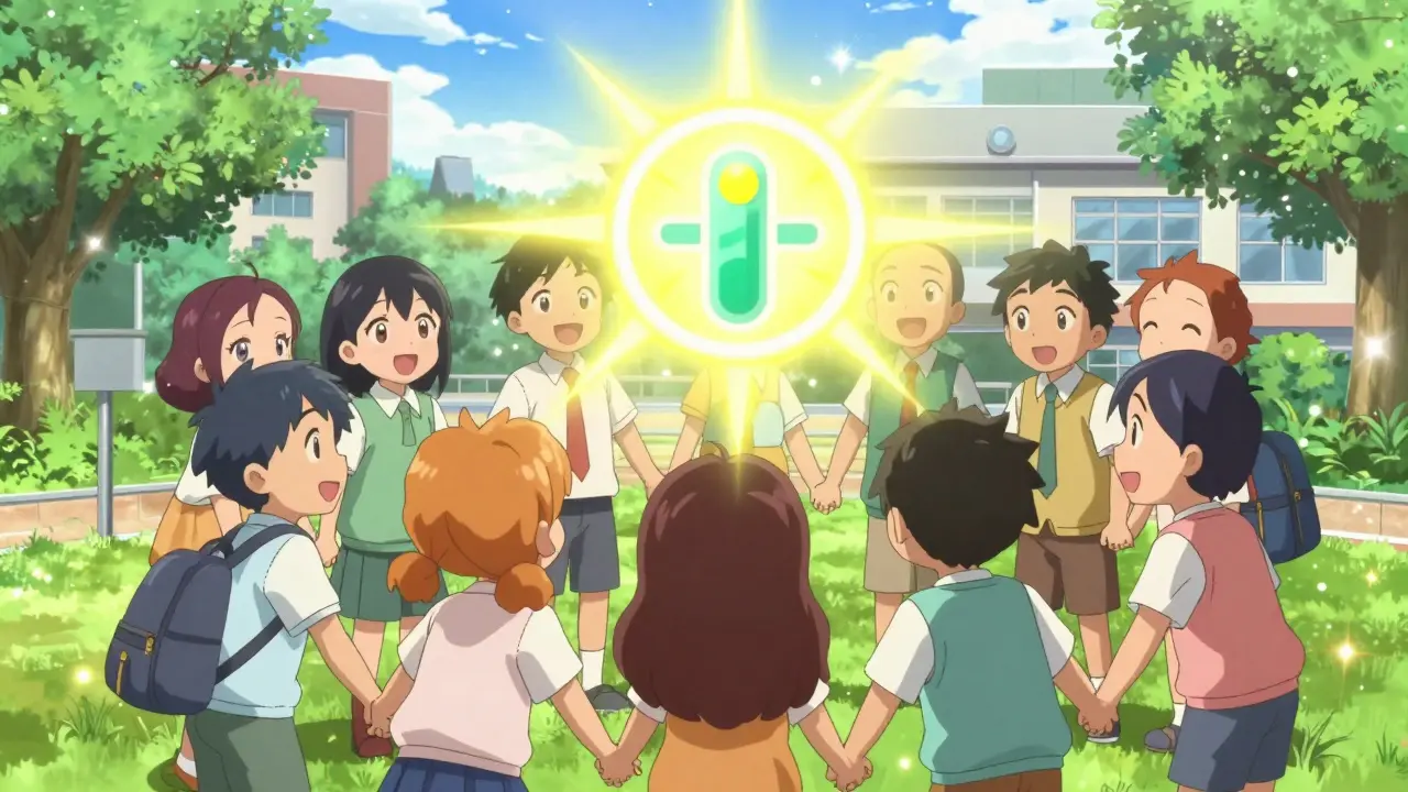 Diverse children holding hands in schoolyard with glowing vaccine symbol above them.