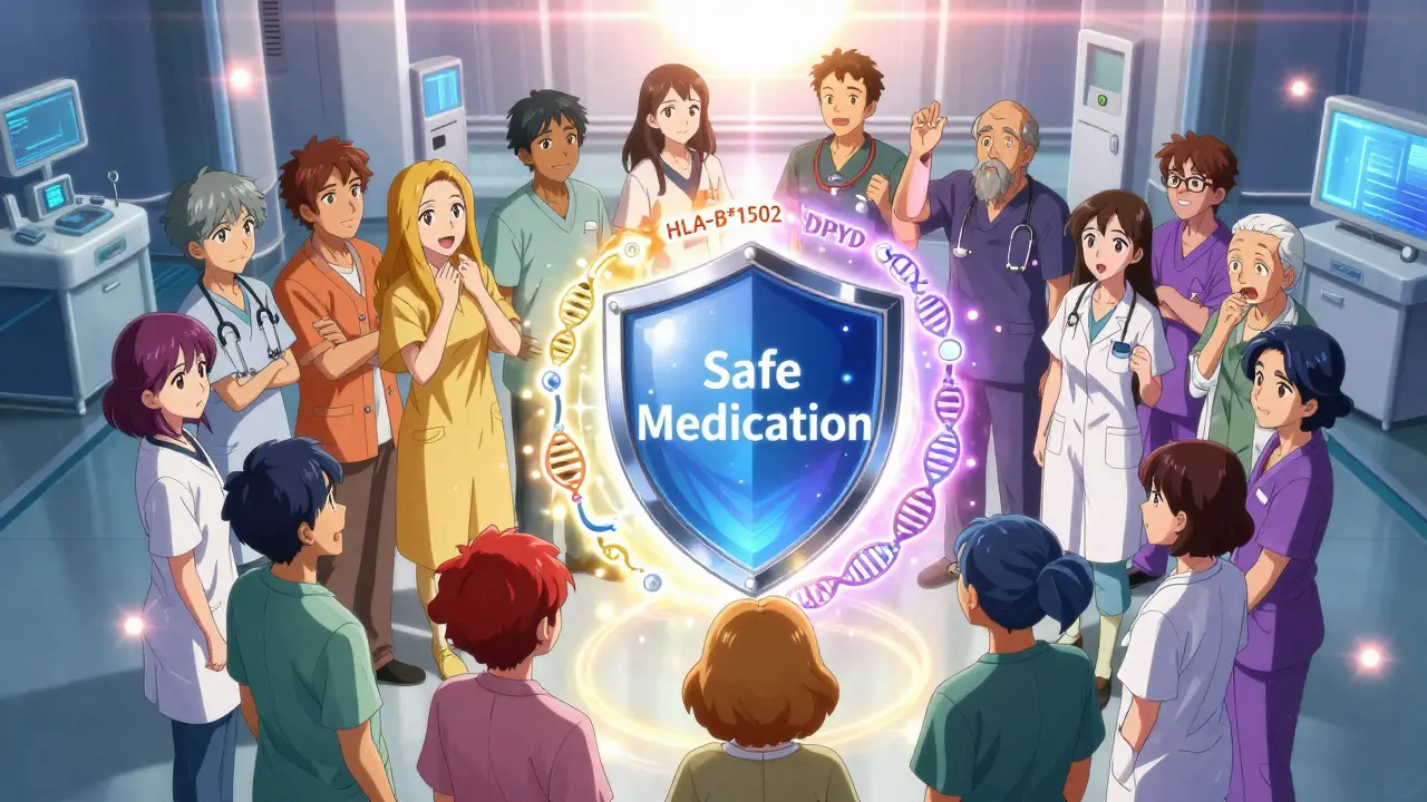 Diverse group of people surrounded by colored gene auras forming a shield labeled 'Safe Medication' under a rising sun.