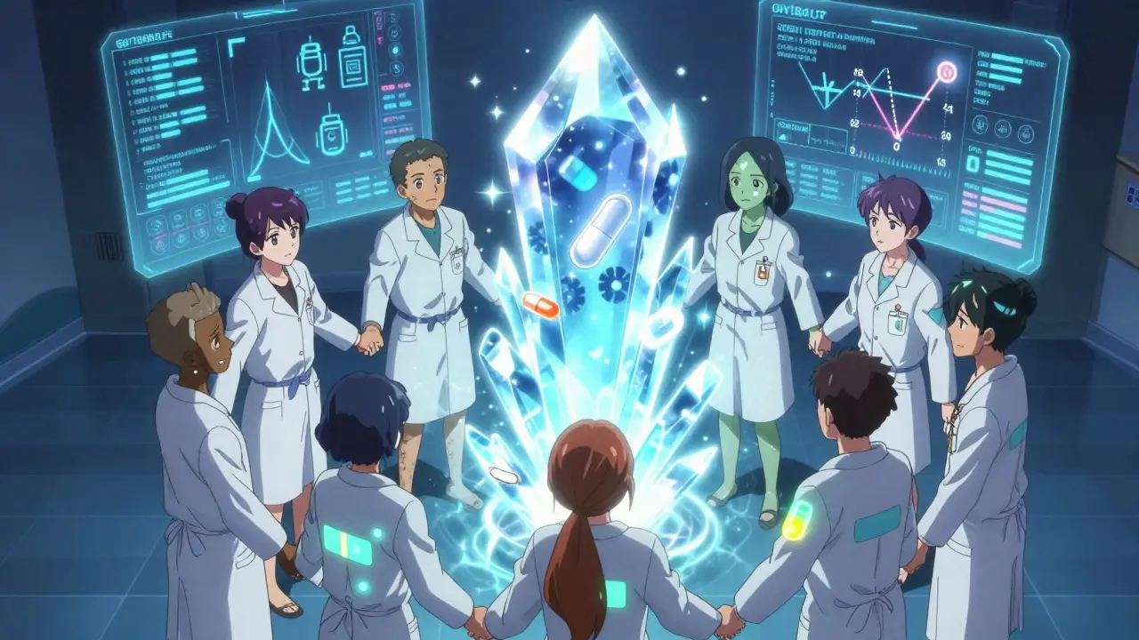 Diverse patients holding hands as a protective crystal rises above them, with holographic health metrics glowing in the background.