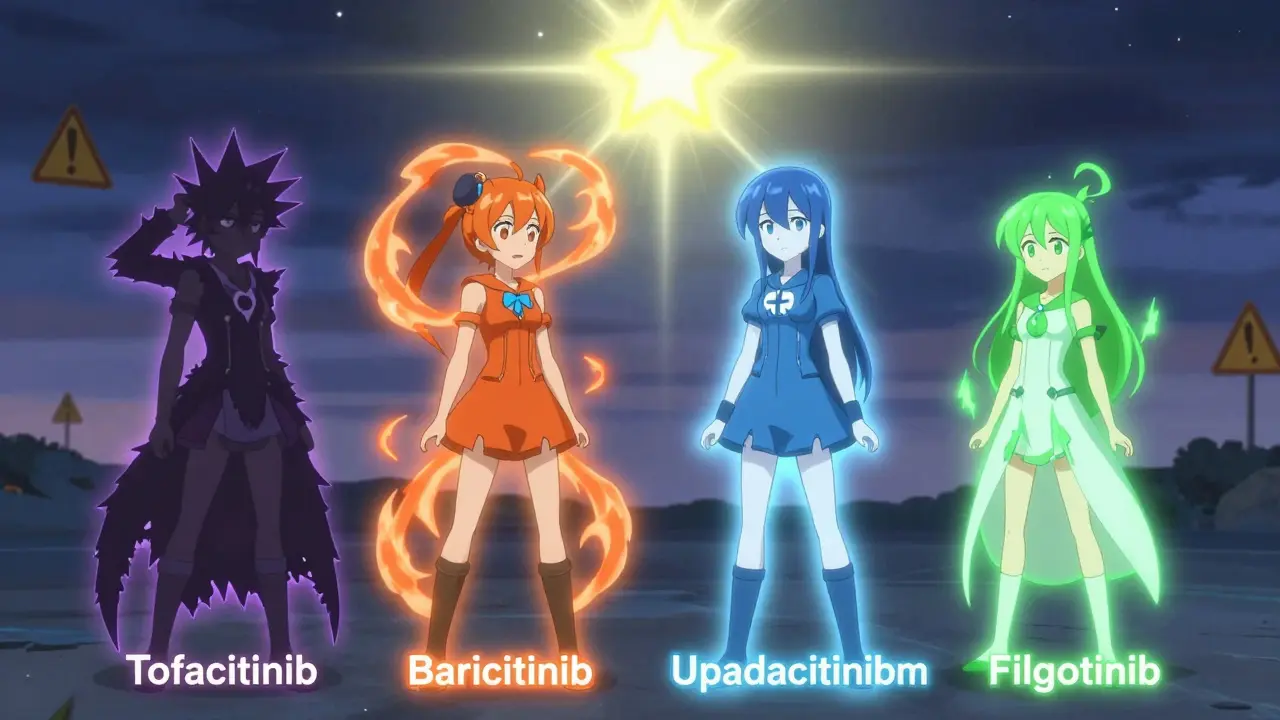 Four JAK inhibitor characters with distinct energy auras, showing differences in risk levels.