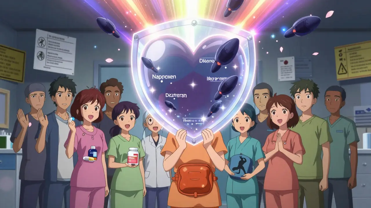 Patients holding safe pain relief options, shielding themselves from NSAID missiles with a heart-shaped barrier, anime style.