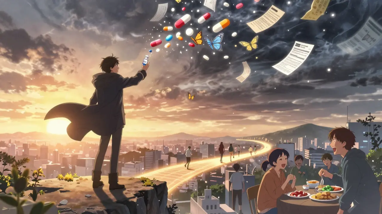 Person holding GLP-1 vial as financial barriers turn to butterflies, leading to a hopeful future.