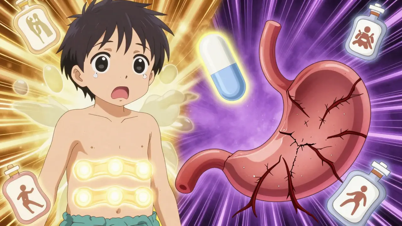 Split-body illustration showing healthy vs. bleeding stomach, with acetaminophen as a protective light, anime style.