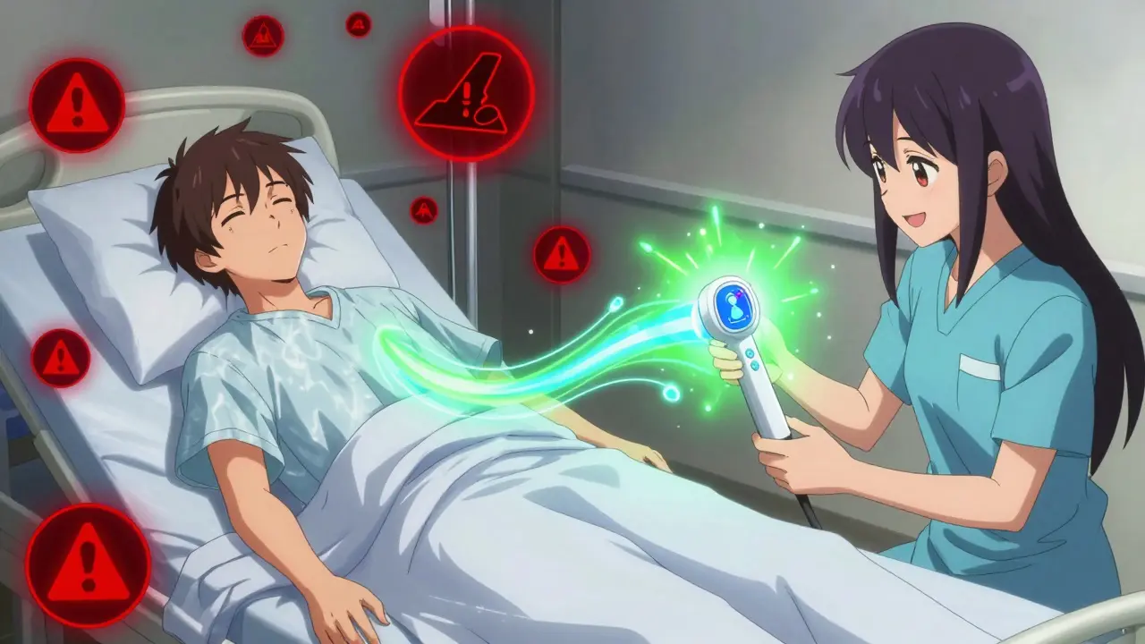 Split scene: one side shows a patient collapsing with dark warning symbols, the other shows a person glowing with safe gene-guided medication.
