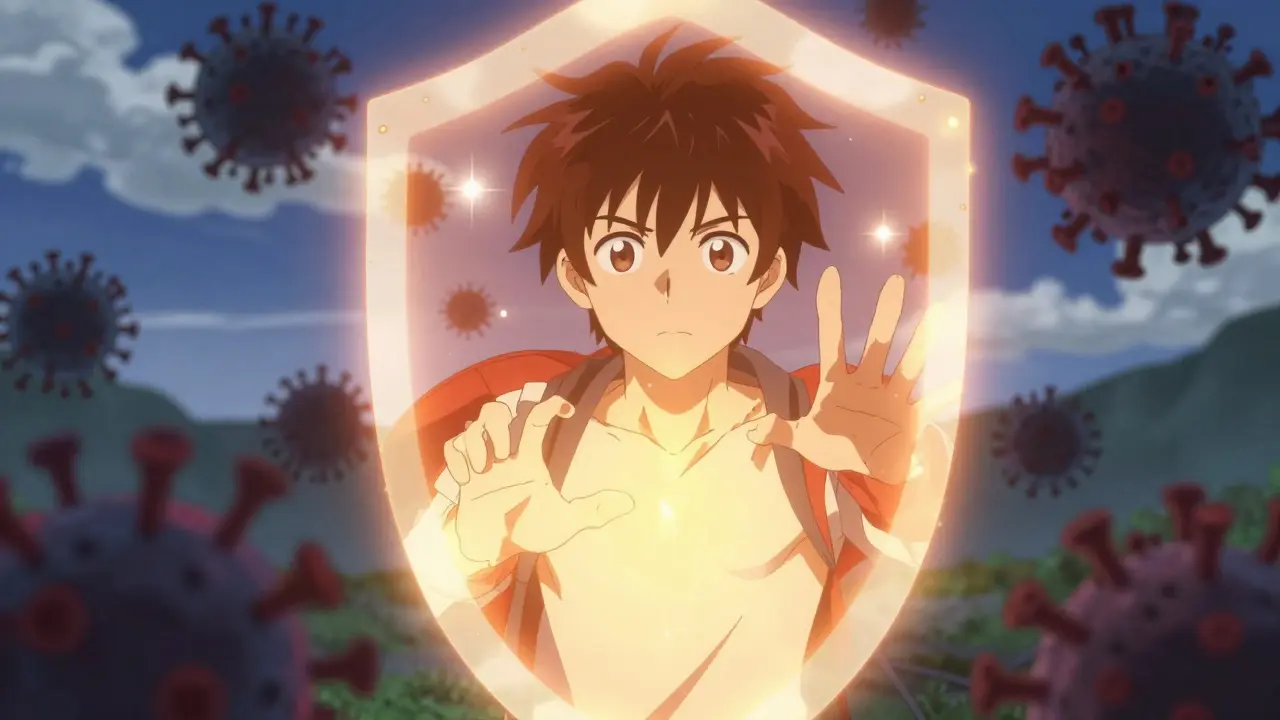 Young man with glowing throat repelling dark HPV virus monsters with light shield.