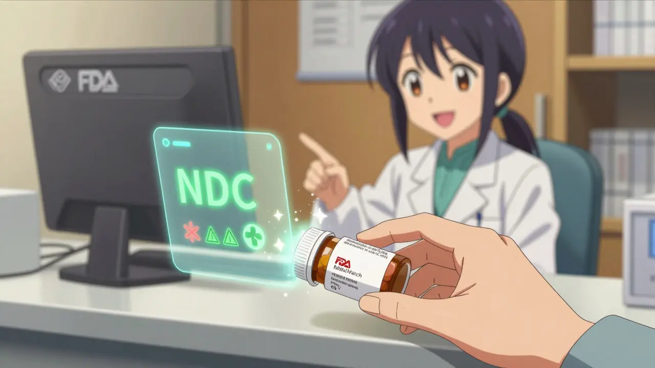 A patient's pill bottle shows a green real NDC overlay while the counterfeit version flickers red, with a pharmacist nearby.