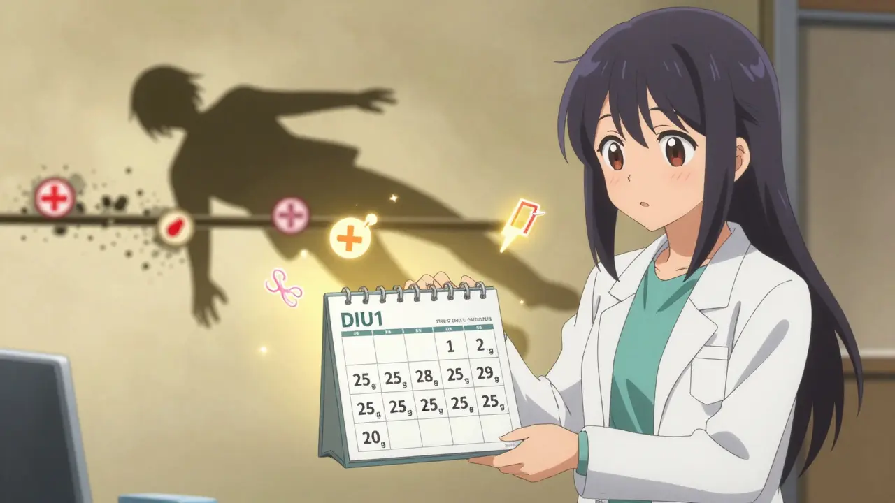 A pharmacist handing a slow-dose calendar to a teenager, with a collapsing fast-dose timeline behind them.
