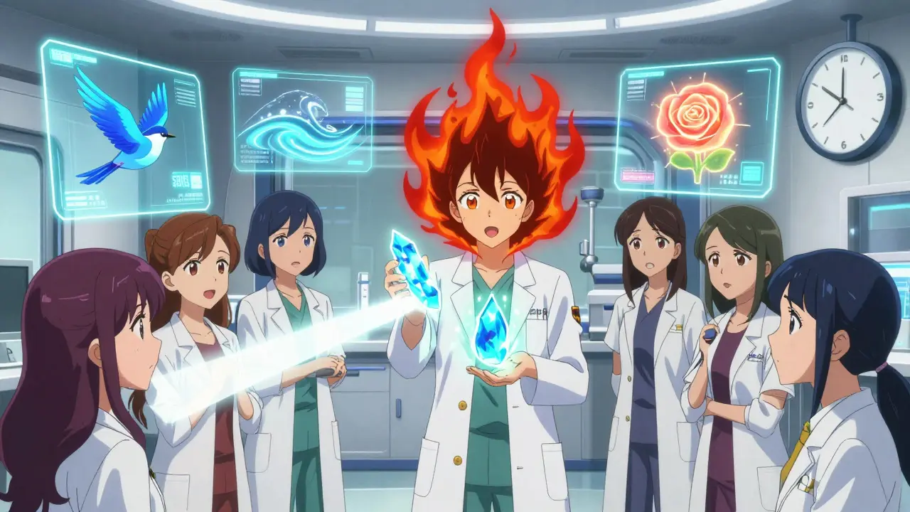 A scientist presenting a new drug that blocks hot flashes, surrounded by symbols of non-hormonal therapies.