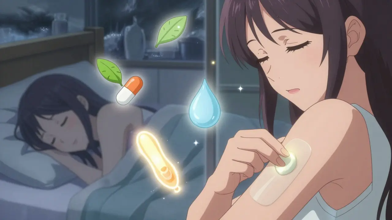 A woman applying a hormone patch as symbols of alternative treatments float around her in soft light.