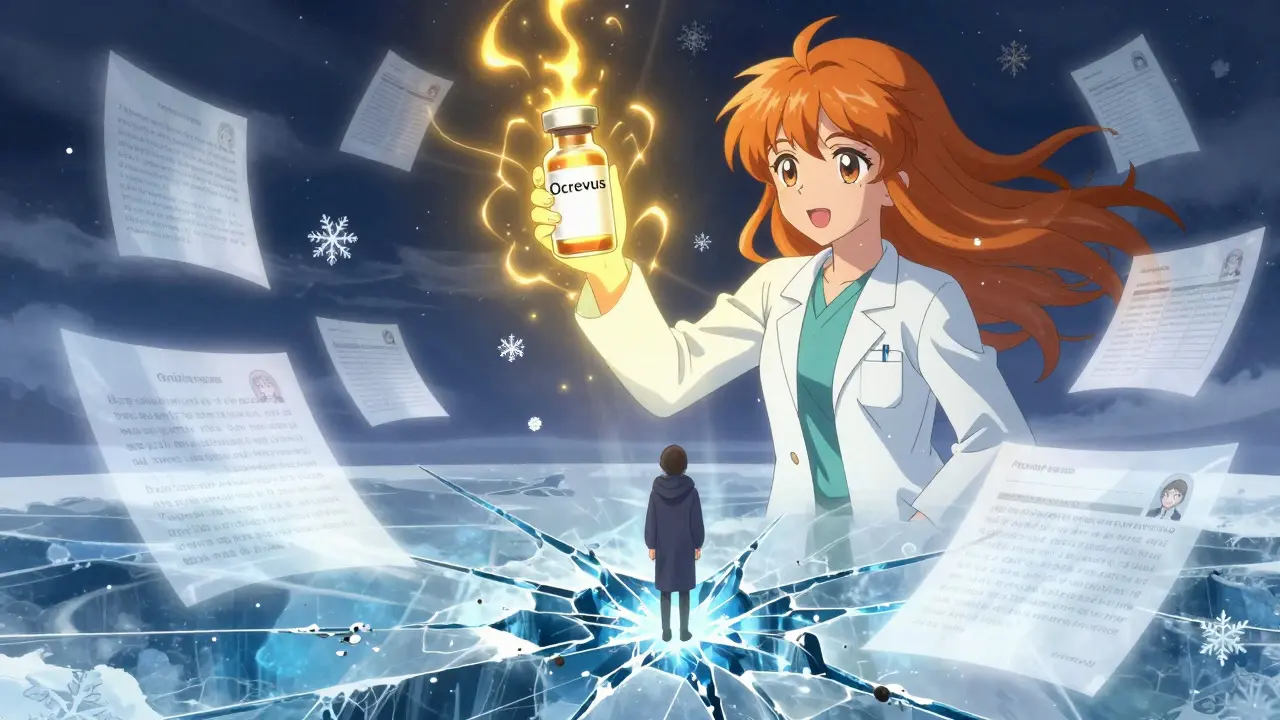 An oncologist radiates hope as a patient with MS stands on fractured ice, each crack representing a failed drug switch.