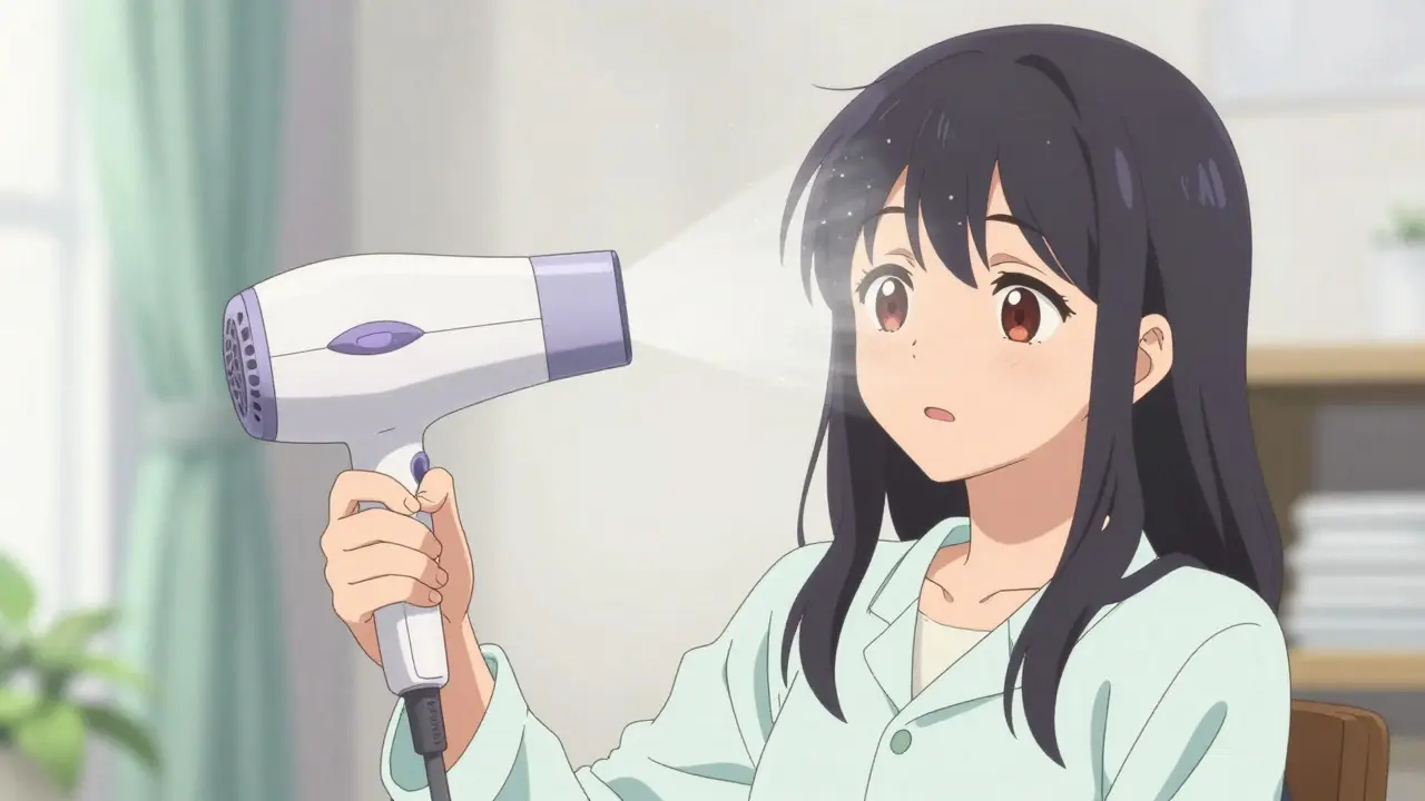 Anime character drying ear with handheld device amidst sparkles.