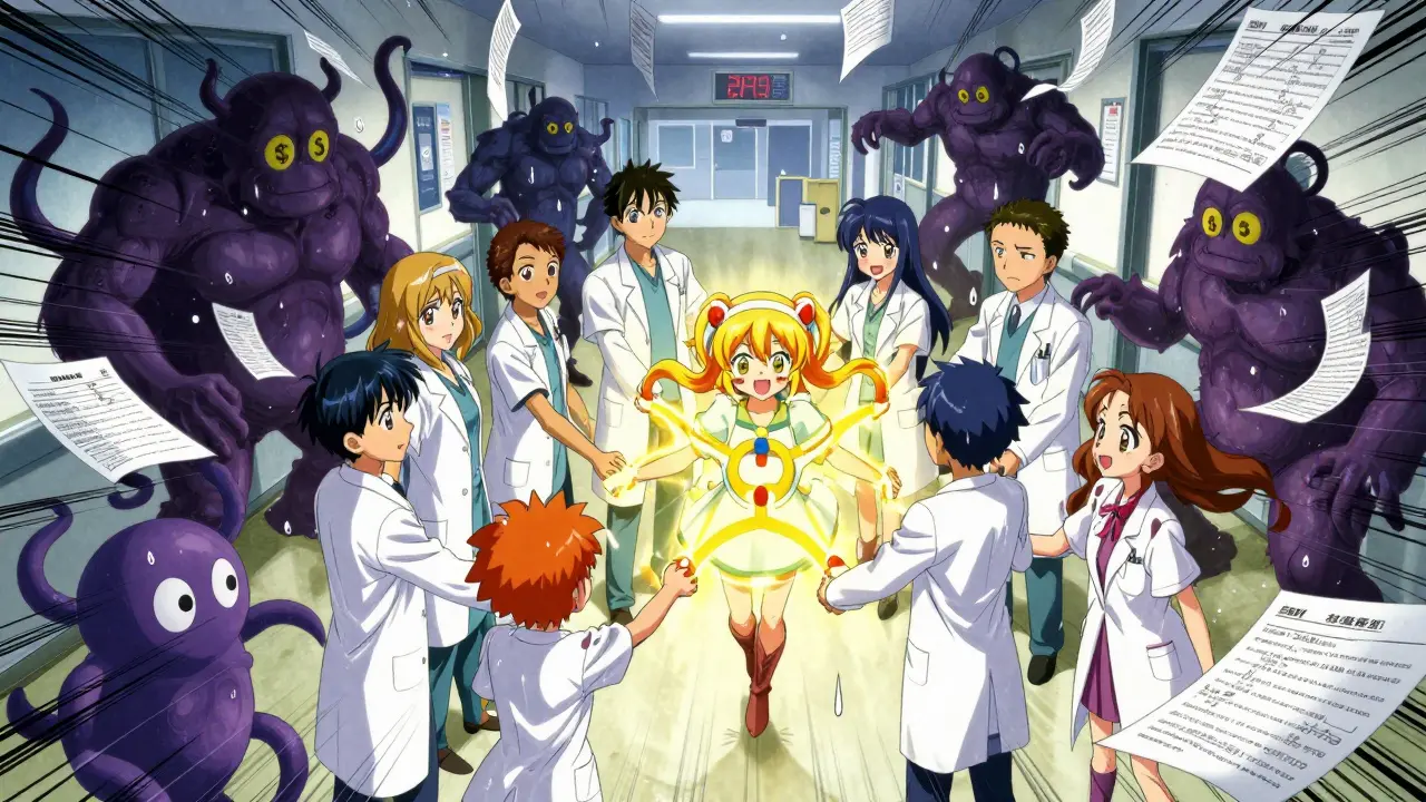 Doctors and patients form a light chain against monstrous paperwork and corporate giants in a hospital hallway battle.