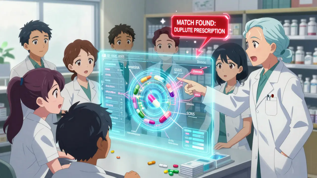 Group of pharmacy techs studying a holographic display of drugs grouped by therapeutic class.