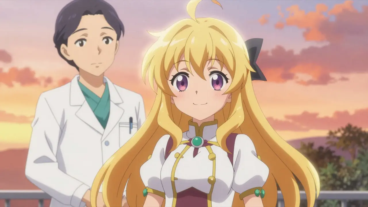 Healed anime girl smiling with protective glow around head.