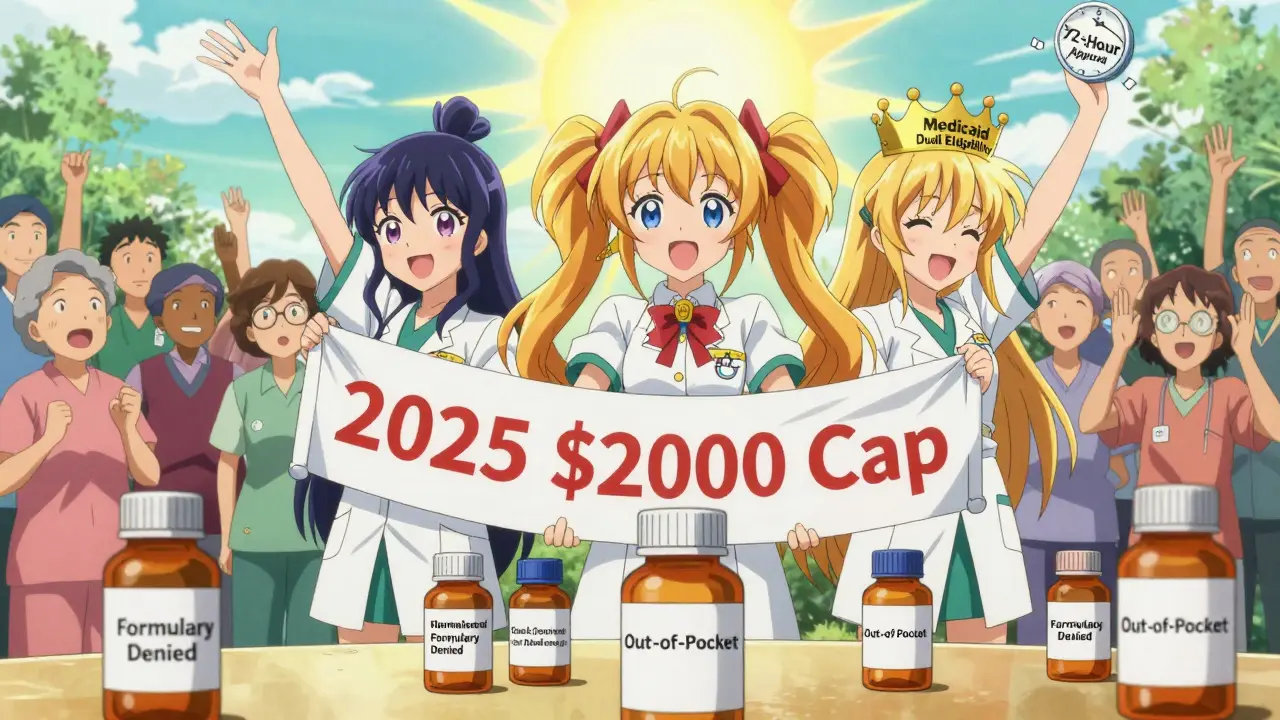 Heroic team defeating pill barriers with policy shields, residents cheering under a rising sun.