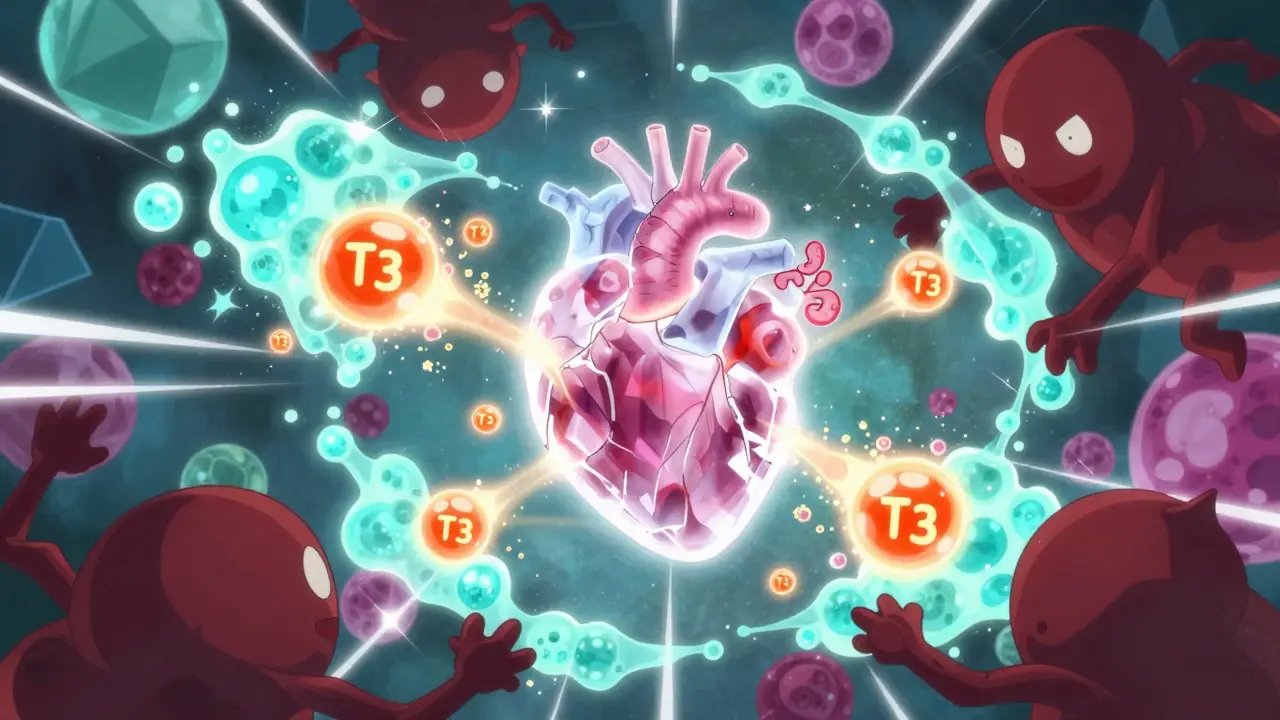 Magical illustration of hormone crystals dissolving to save energy from shadow attacks