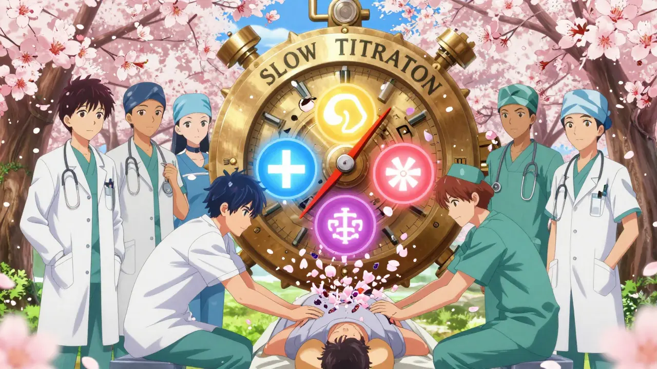 Medical team forming a shield against dangerous symbols, blocked by a clockwork mechanism labeled 'SLOW TITRATION'.