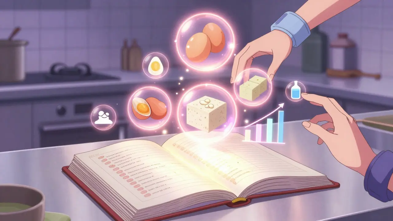 Nutritional ingredients floating as magical orbs beside a workout hand, surrounded by symbols of rest and progress.