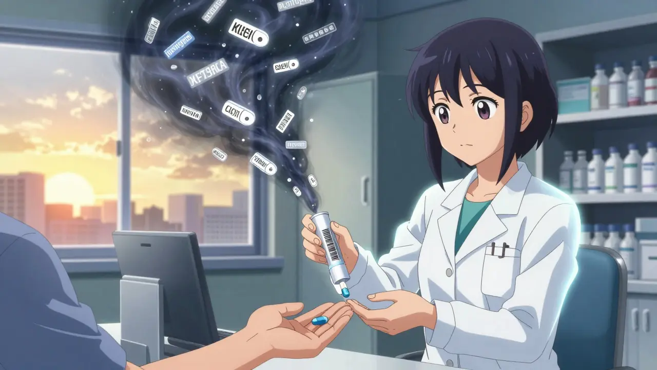 Technician confidently handing medication to a patient after passing a rigorous drug knowledge test.