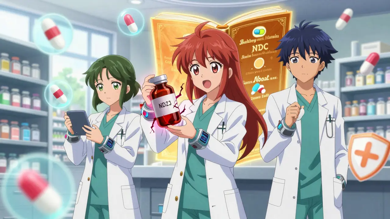 Three medical guardians scan floating pills in a pharmacy, with the Orange Book glowing behind them as safety shields activate.