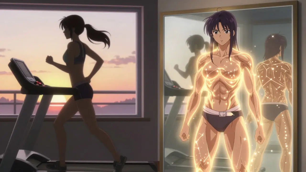 Two versions of the same person: one jogging, the other toned and confident, with a mirror showing body transformation.