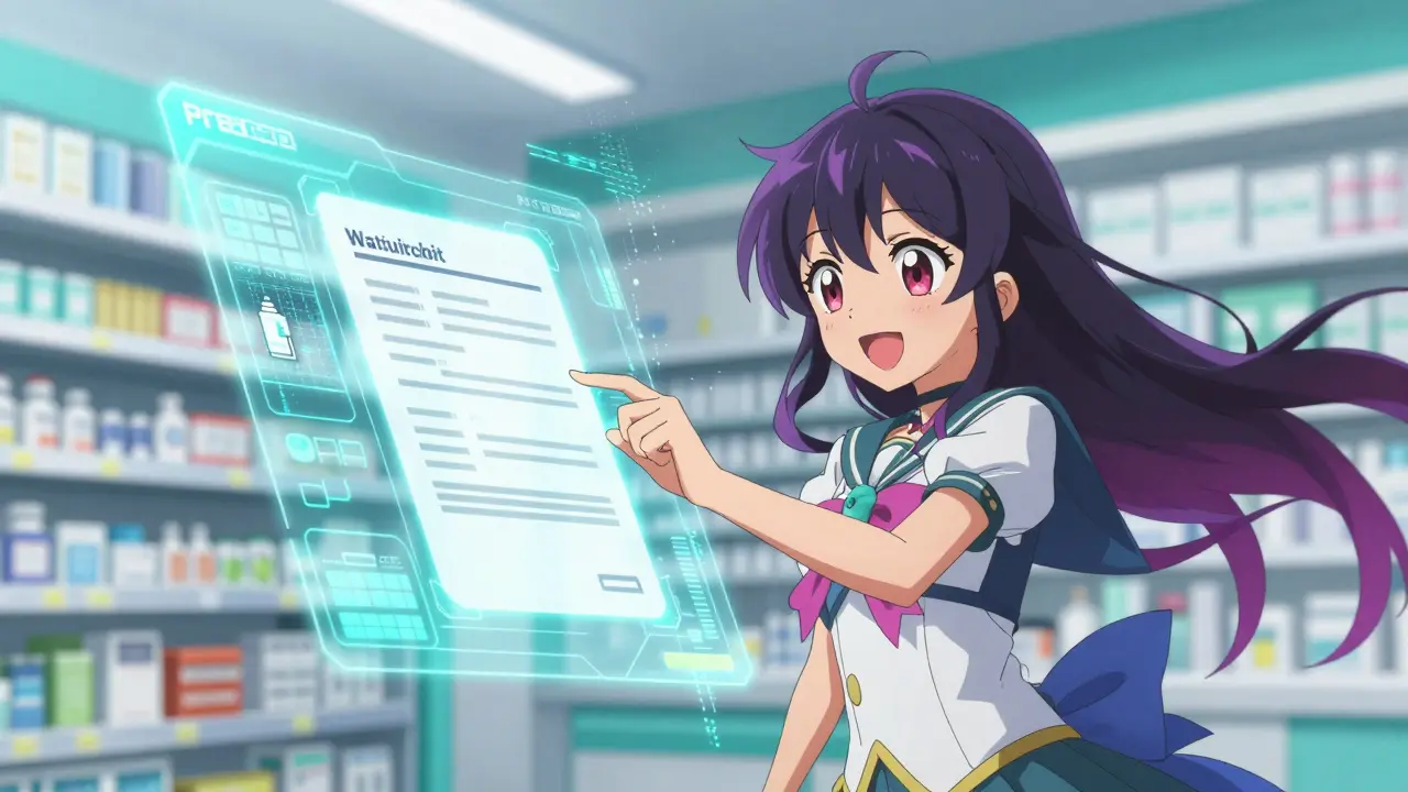 Anime character using a holographic interface to upload a digital prescription.