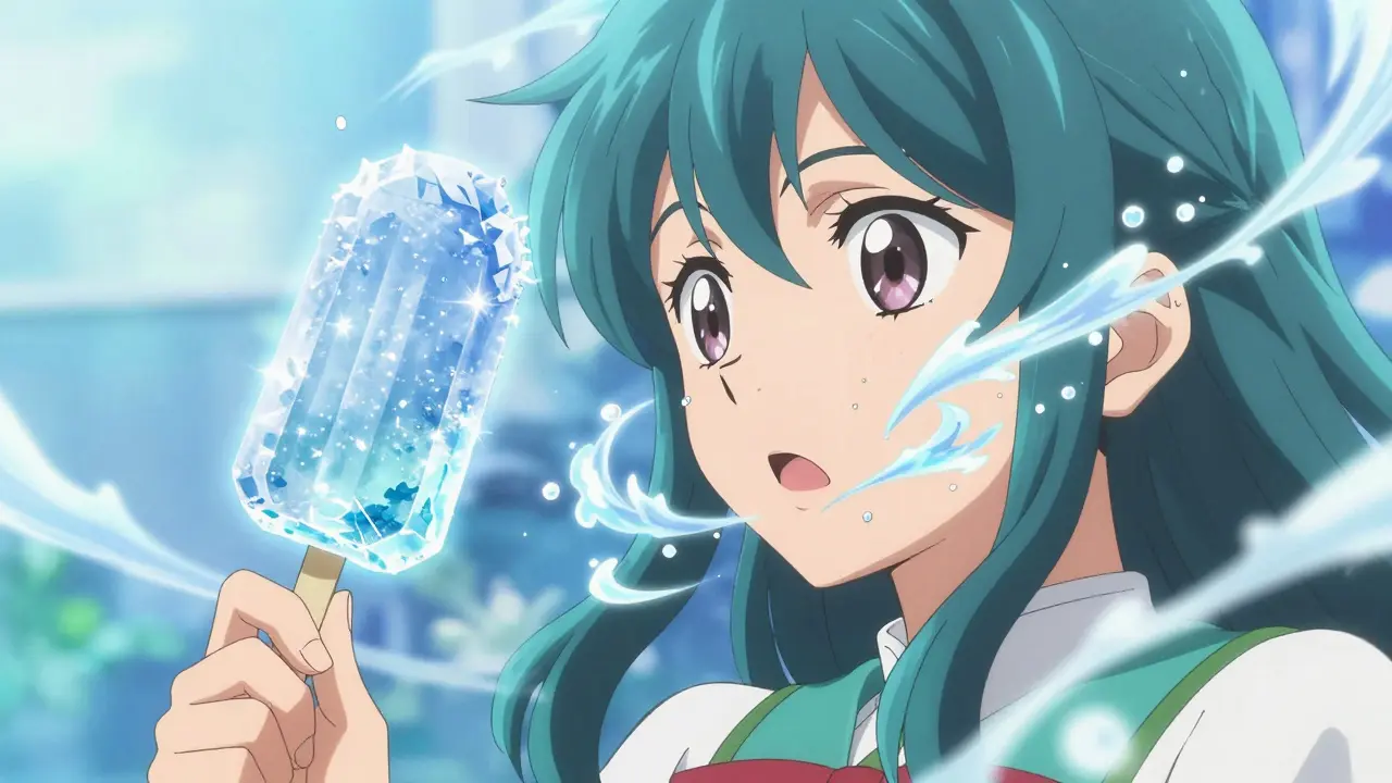 Anime character using a popsicle for cryotherapy with sparkling ice effects.
