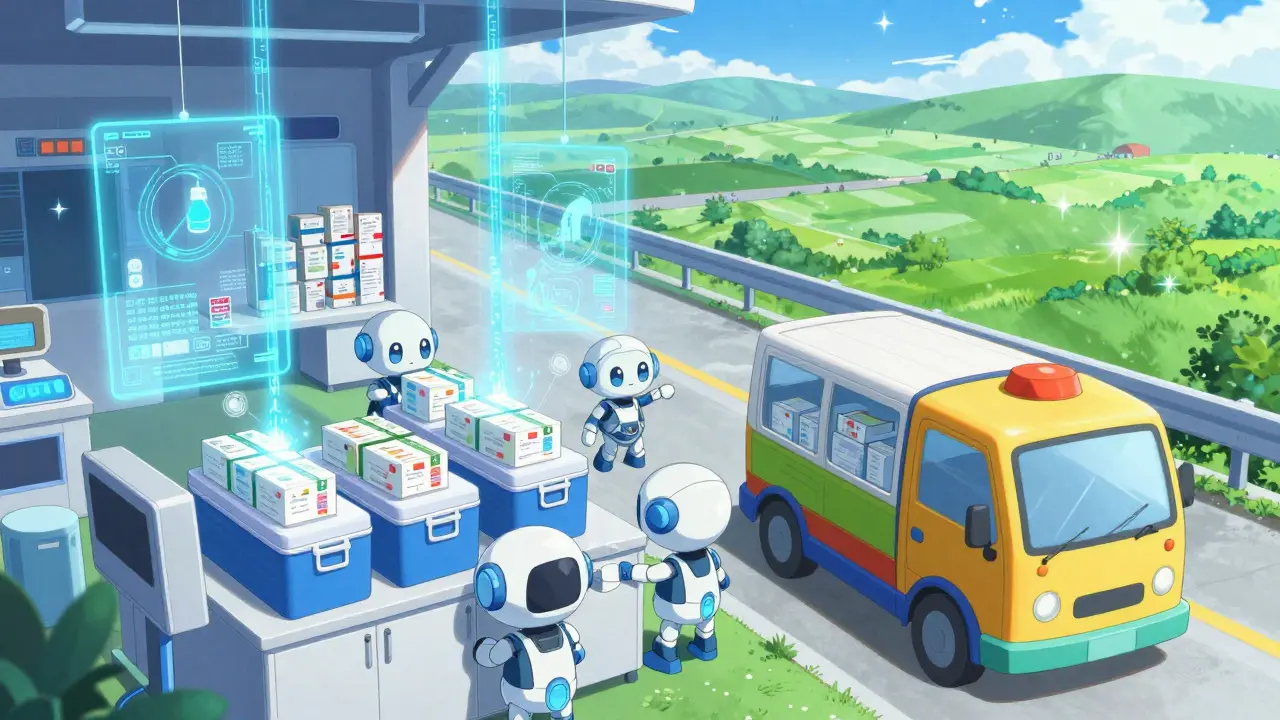 Anime depiction of a high-tech medical supply chain with digital data and delivery vehicles.