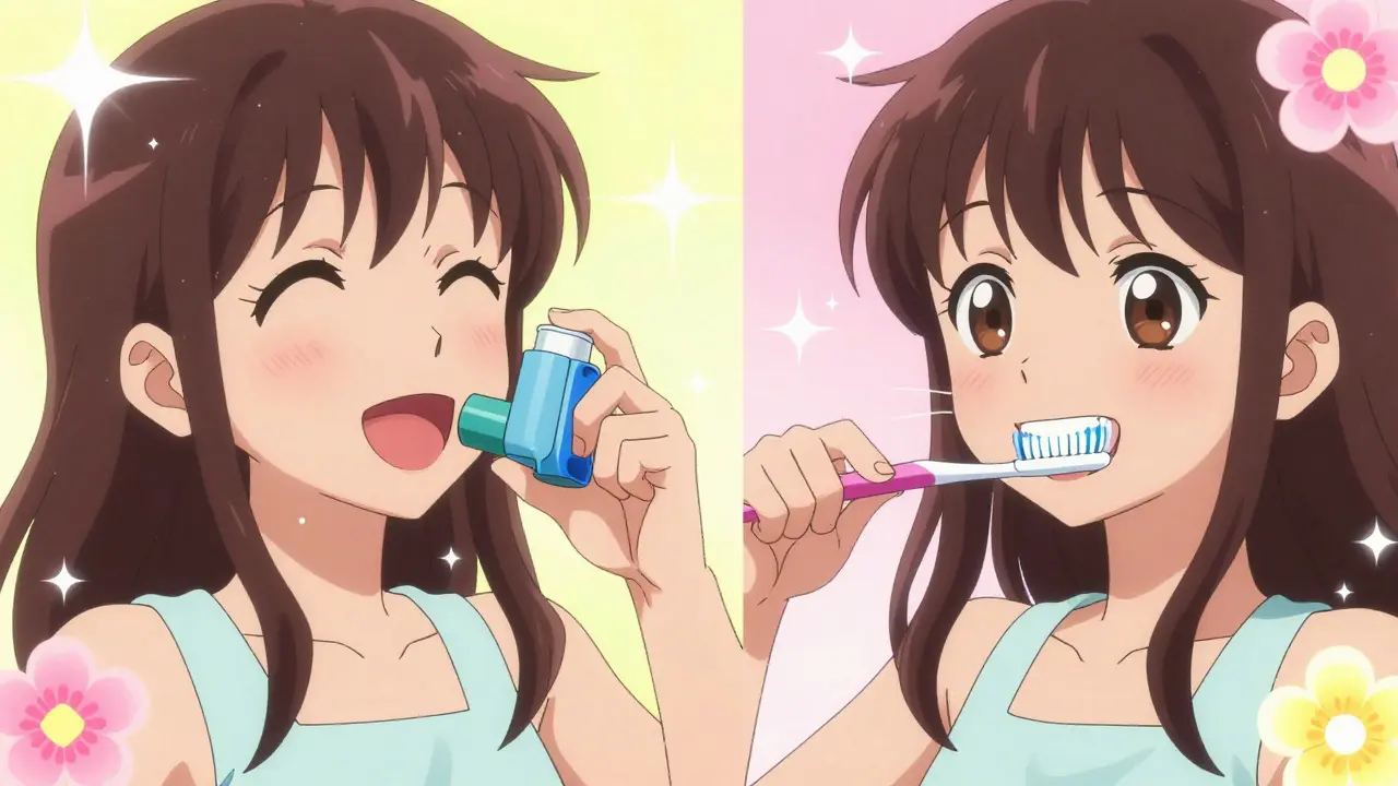 Anime girl rinsing her mouth and brushing her teeth to prevent infection.