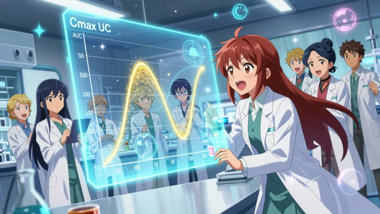 Anime scientists analyzing blood concentration curves on a glowing holographic display