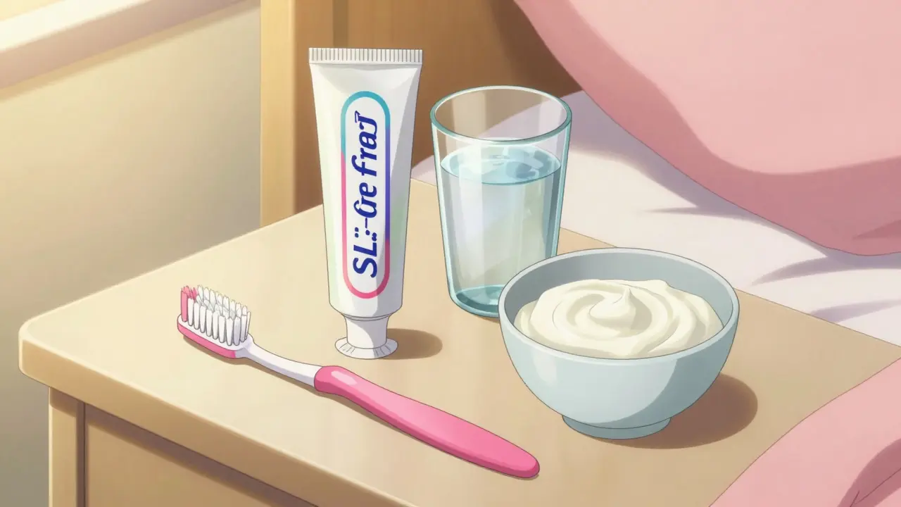 Anime style depiction of a soft toothbrush and gentle skincare products on a table.