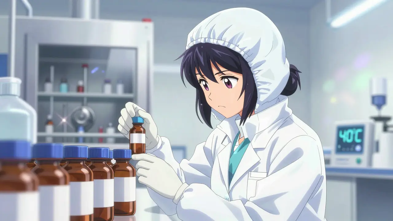 Anime technician inspecting medicine bottles in a high-tech, sterile pharmaceutical lab
